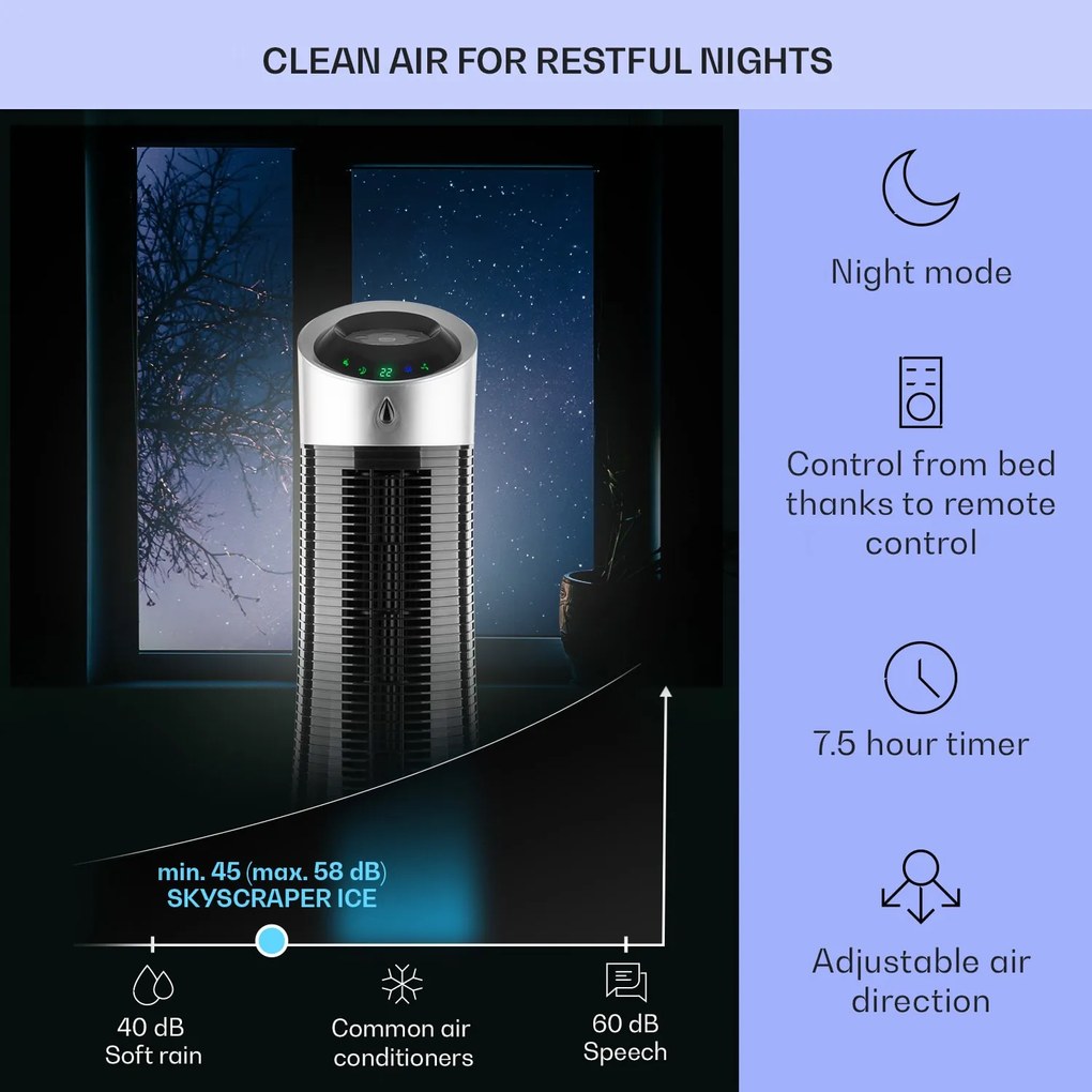 Klarstein Skyscraper Ice, 4 v 1 ochladzovač vzduchu, ventilátor, čistička vzduchu, zvlhčovač, 45 W, 210 m³/h, oscilácia, mobilný, diaľkové ovládanie