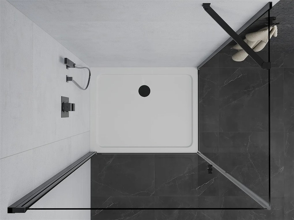 Mexen Pretoria, sprchovací kút 90 (dvere) x 120 (stena) cm, 6mm číre sklo, čierny profil + biela sprchová vanička, 852-090-120-70-00-4010B