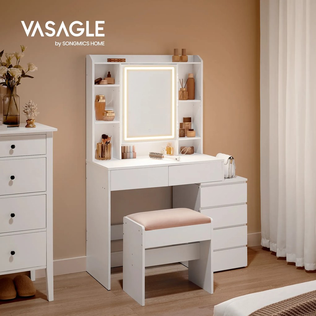Toaletní stolek s LED osvětlením a taburetem Vasagle Ginny 98 cm bílý