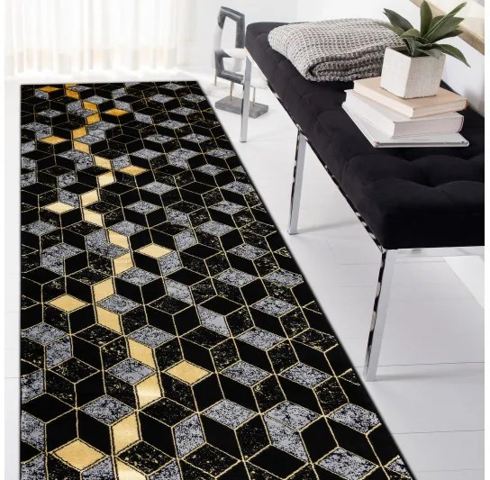 Dywany Łuszczów, Behúň Gloss 400B 86 3D geometric black/gold, 60x300, čierna, obývacia izba