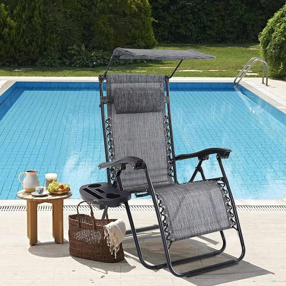 Zero gravity stolička s markízou a držiakom na pohár, 2 ks, viac farieb, sivá