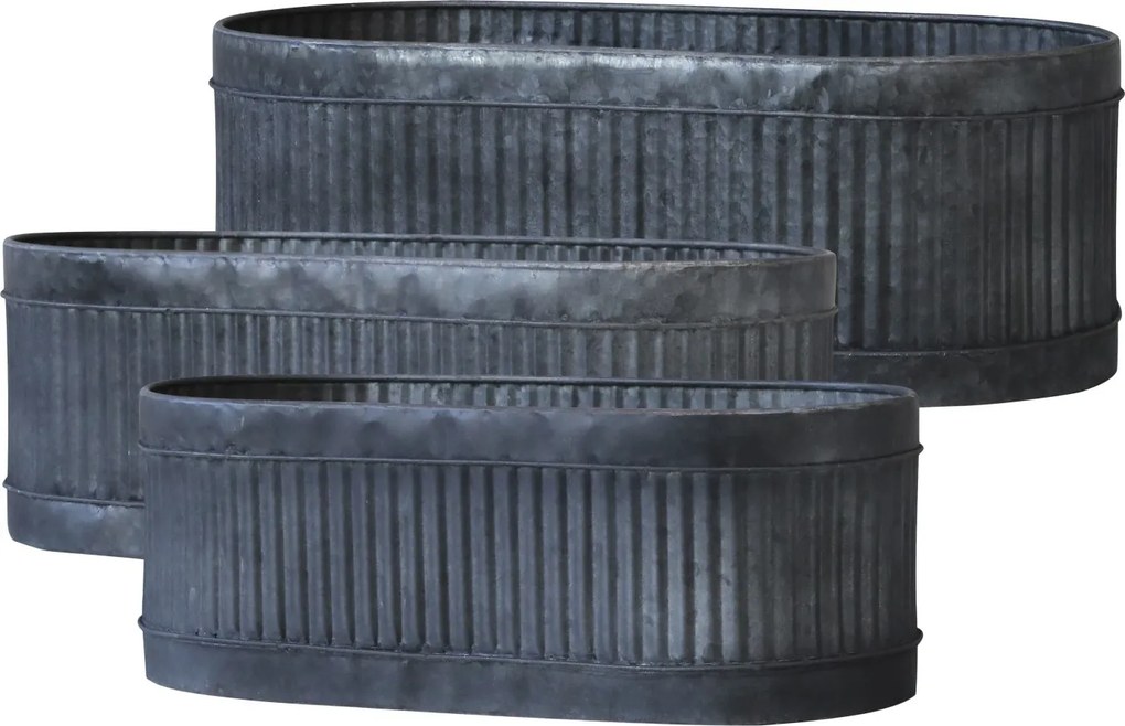 3ks oválny plechový zinkový antik obal na kvetináč Planters - 52*26*18/ 42*20*15/ 32*14*12cm