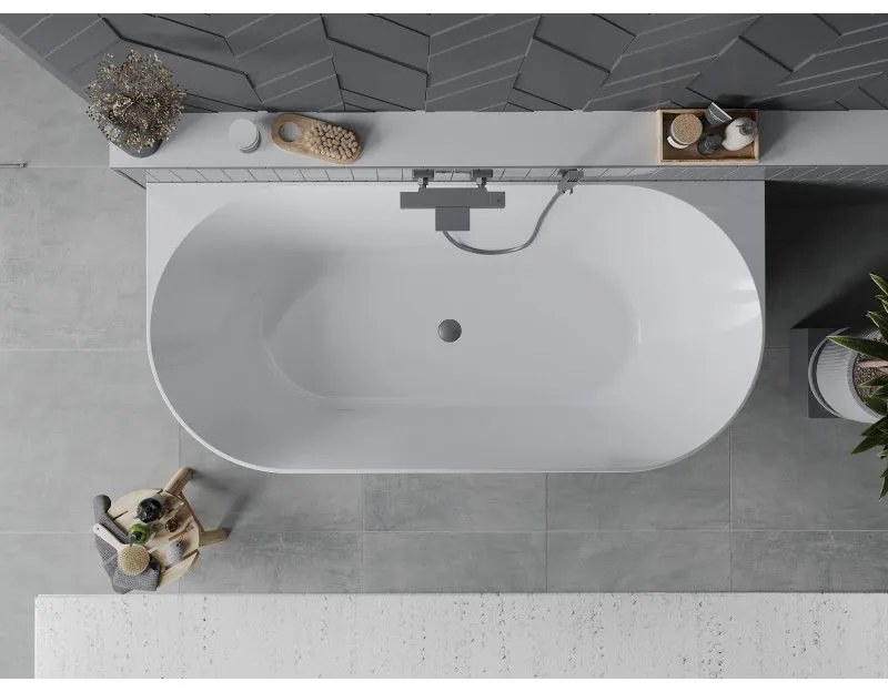 Mexen Oval Slim, voľne stojaca vaňa ku stene, 170 x 80 cm, biela-šedá, brúsený grafit prepad, 52661708062-66