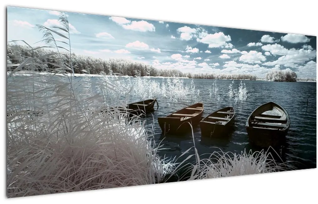 Obraz - Drevené loďky na jazere (120x50 cm)