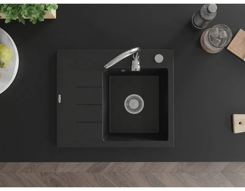 Mexen Ben, 1-komorový granitový drez 600x500x190 mm, pravý + chrómový sifón, čierna, 6523605000-77