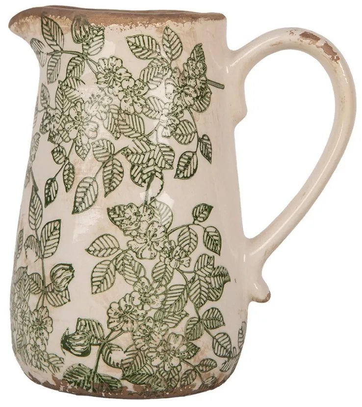 Béžový keramický džbán so zelenými kvetmi Flora M - 16*12*18 cm