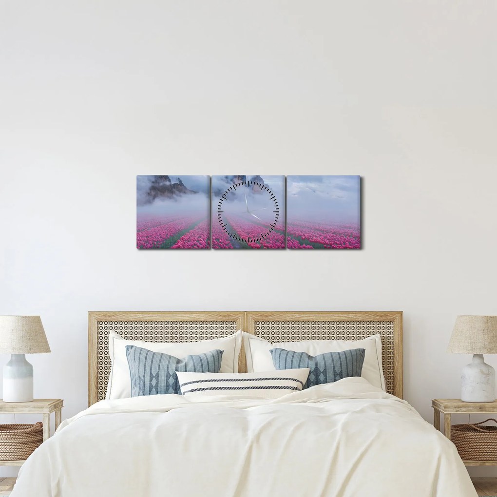 Obraz - Krajina s tulipánovými poľami (s hodinami) (90x30 cm)