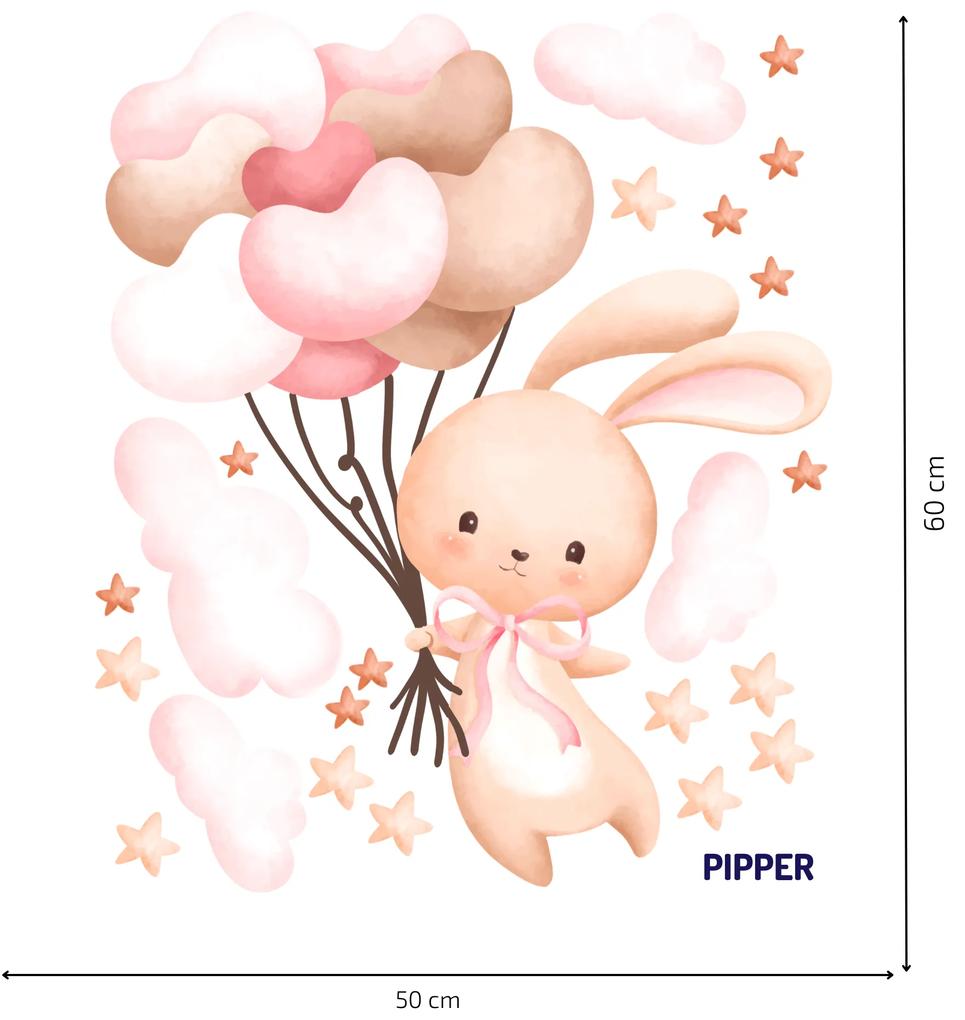 PIPPER. Textilná nálepka  na stenu "Zajačik s balónmi - ružová"