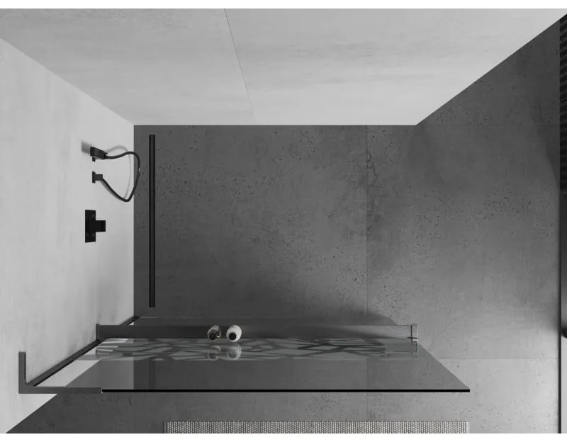 Mexen Kioto+ L, sprchová zástena Walk-In s poličkou a vešiakom 120 x 200 cm, 8mm číre sklo biely vzor, grafitový profil, 800-120-123-66-85