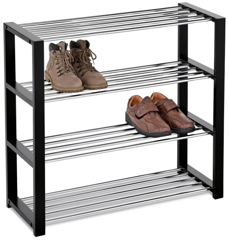 Botník, 4 kovové chromované police, masiv kaučukovník, černý matný lak