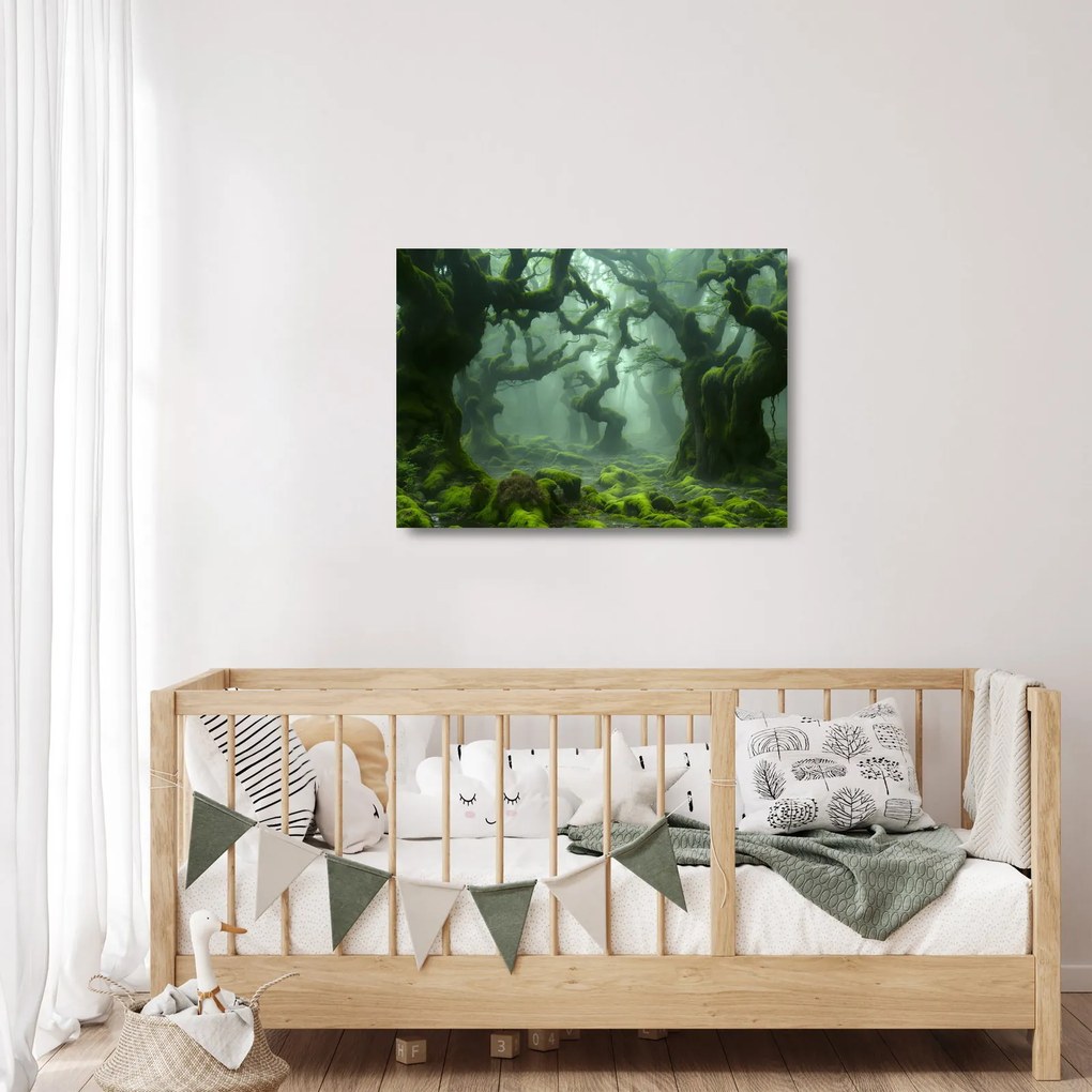Sklenený obraz - Les prerastený machom (70x50 cm)