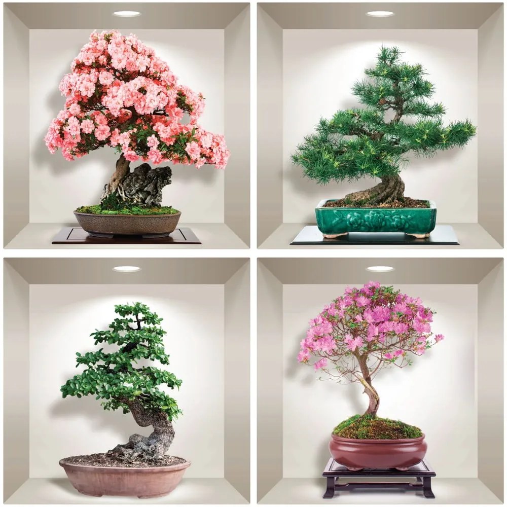 Sada 4 3D samolepiek na stenu Ambiance Bonsai of Seasons