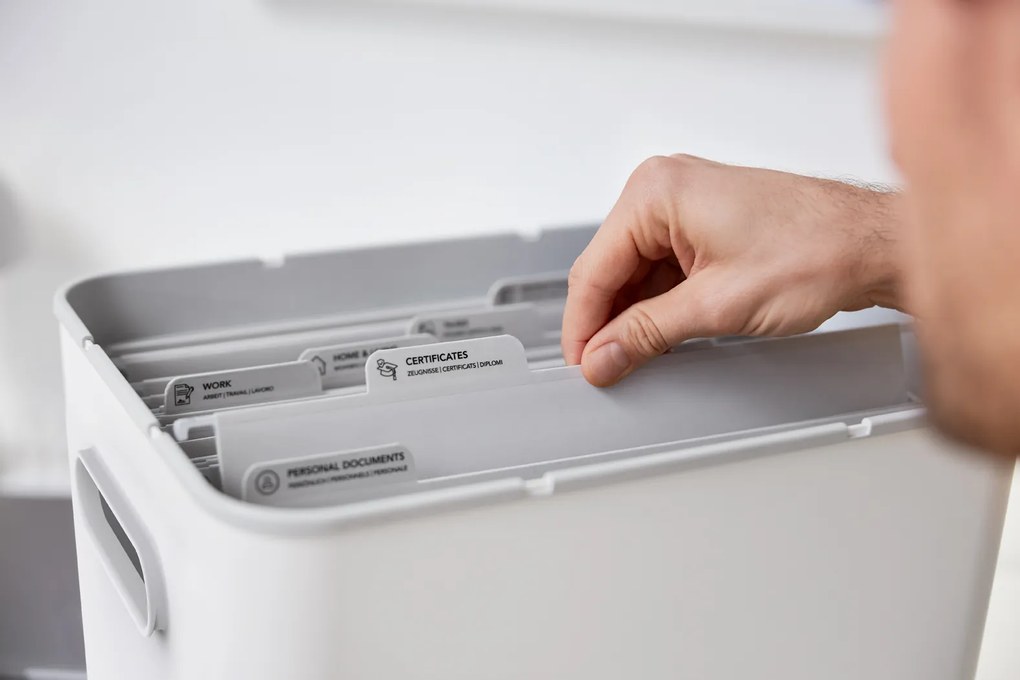 Rotho Úložný box na dokumenty, na archiváciu + 10 závesných zakladačov, myPAPER BOX - biely