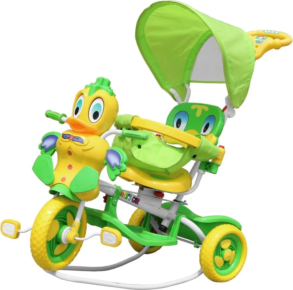 RAMIZ Detský bicykel Green Duck s 3 kolesami + zvuky + strecha + zábrana + opierka na nohy + rukoväť + úložný priestor A11-2- zelené
