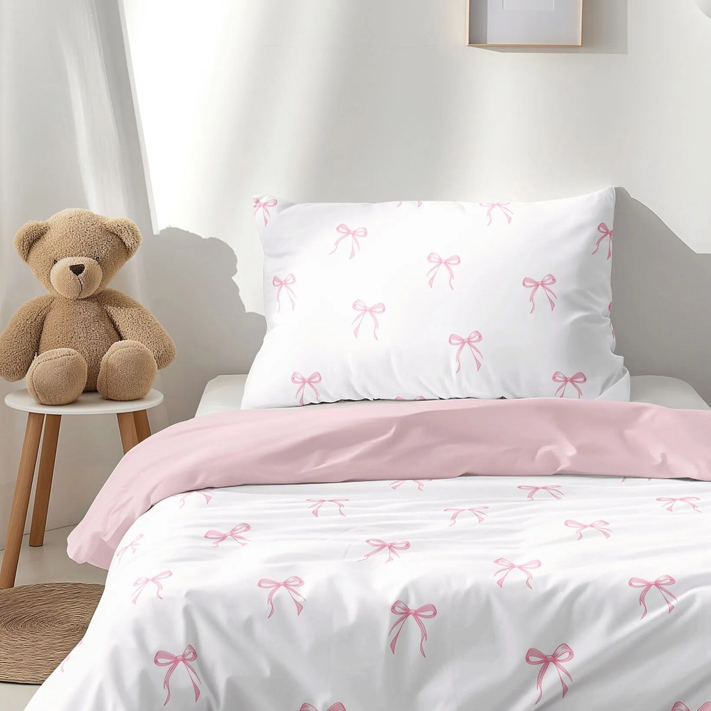 Goldea detské bavlnené obliečky duo - ružové mašličky s púdrovo ružovou 140 x 200 a 70 x 90 cm