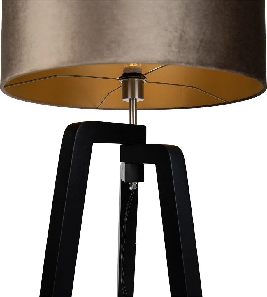 Stojacia lampa čierna trojnožka s hnedým tienidlom so zlatým interiérom 50cm - Puros