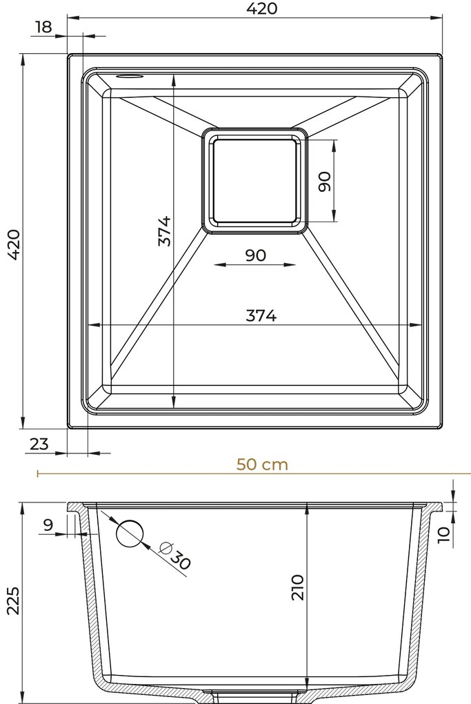 Sink Quality Argon 50, kuchynský granitový drez 420x420x225 mm + chrómový sifón, biela, SKQ-ARG.W.1KBO.50.X