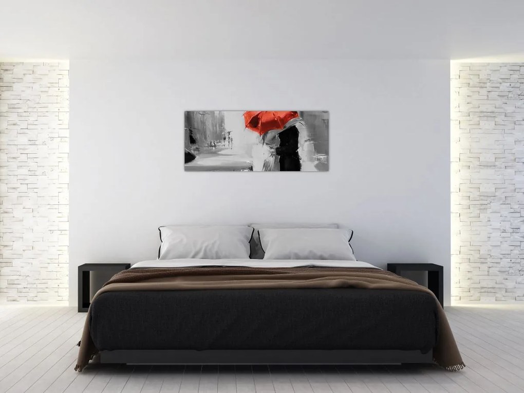 Obraz - Zamilovaný pár pod dáždnikom, červený (120x50 cm)
