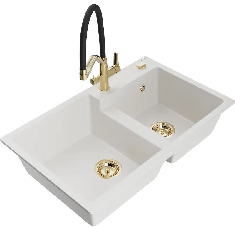Mexen Tomas, 2-komorový granitový drez 800x500x190 mm a kuchynská batéria Duo, biela, 6516-20-671701-57-G