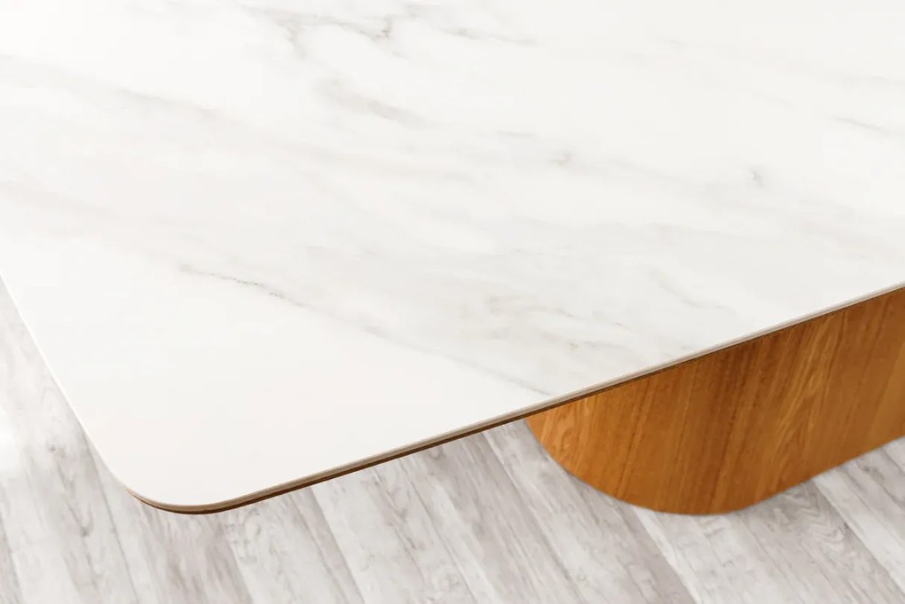 Jedálenský stôl UNIQUE 200 cm rám z dubového dreva s dyhovanou keramikou a doskou z bieleho mramoru