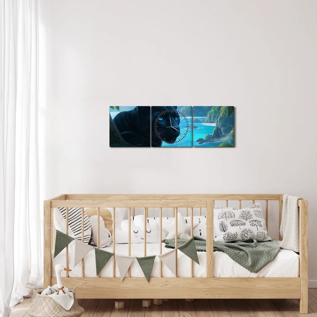 Obraz - Čierny panter v džungli (s hodinami) (90x30 cm)
