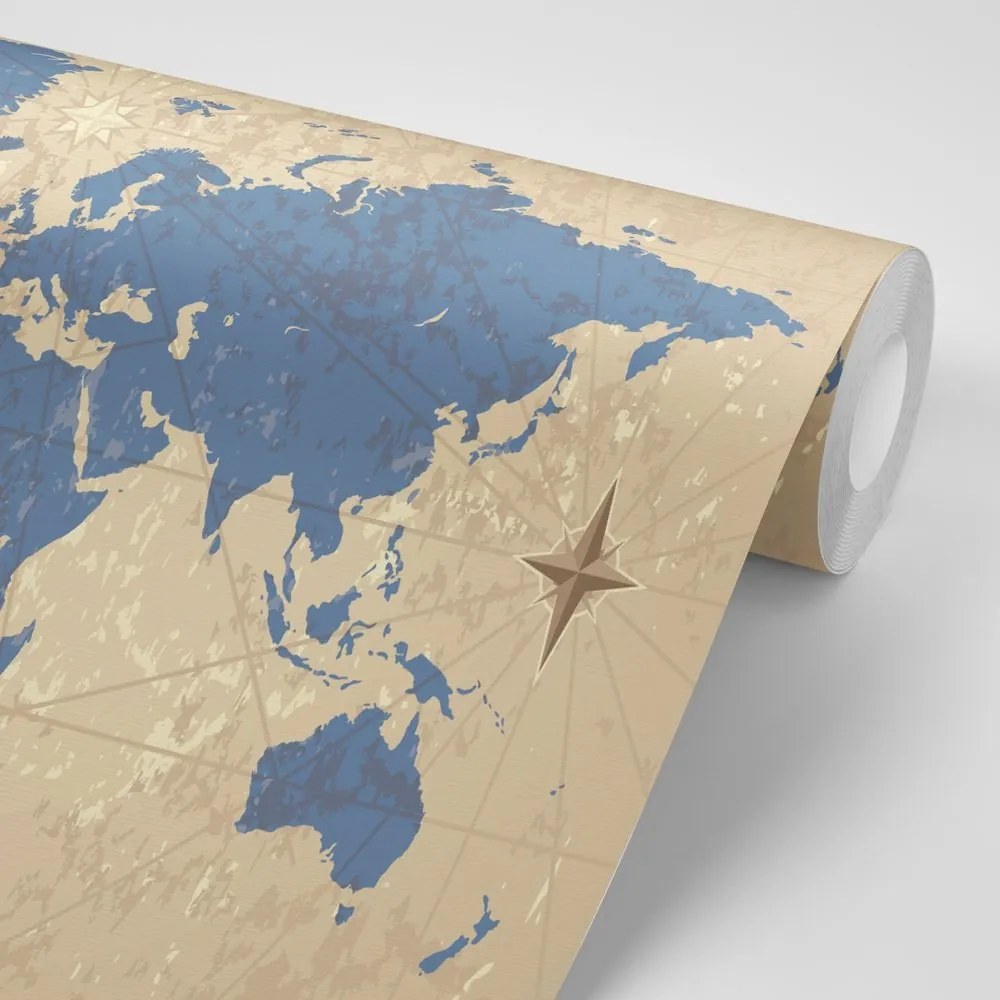 Samolepiaca tapeta mapa sveta s kompasom v retro štýle - 225x150
