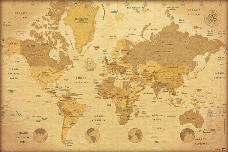 Plagát, Obraz - World Map - ES Vintage, (91.5 x 61 cm)