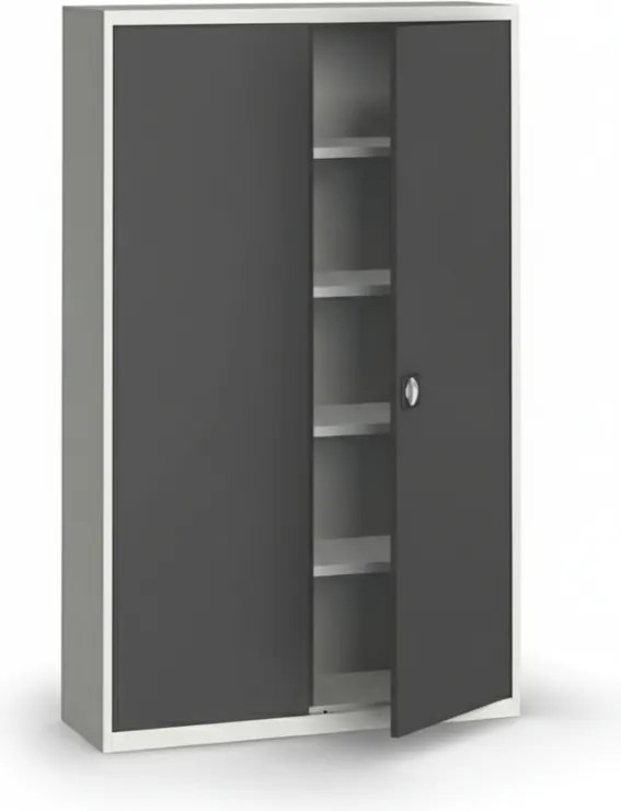 Plechová policová skriňa na náradie KOVONA, 1950 x 1200 x 400 mm, 4 police, sivá/grafit