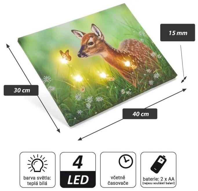 Nexos 86711 Nástenná maľba srnka na lúke, 4 LED, 30 x 40 cm