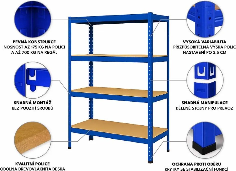 Akcia 10x Regál 150x70x30 cm lakovaný 4-policový, nosnosť 700 kg - modrý
