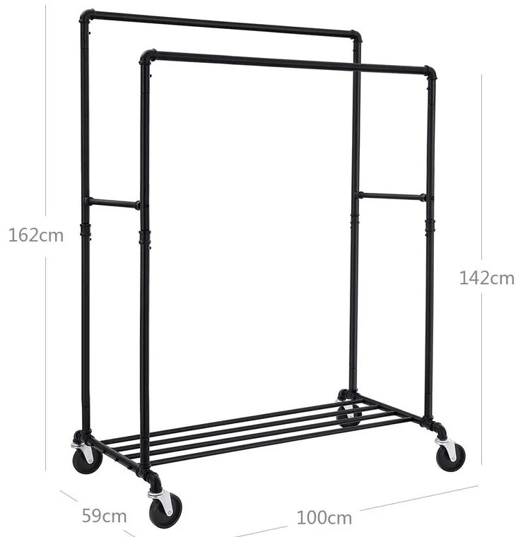 Dvojitý stojan na oblečenie RARE, vodovodné rúry 100x59x162cm, čierna SongmicsHome