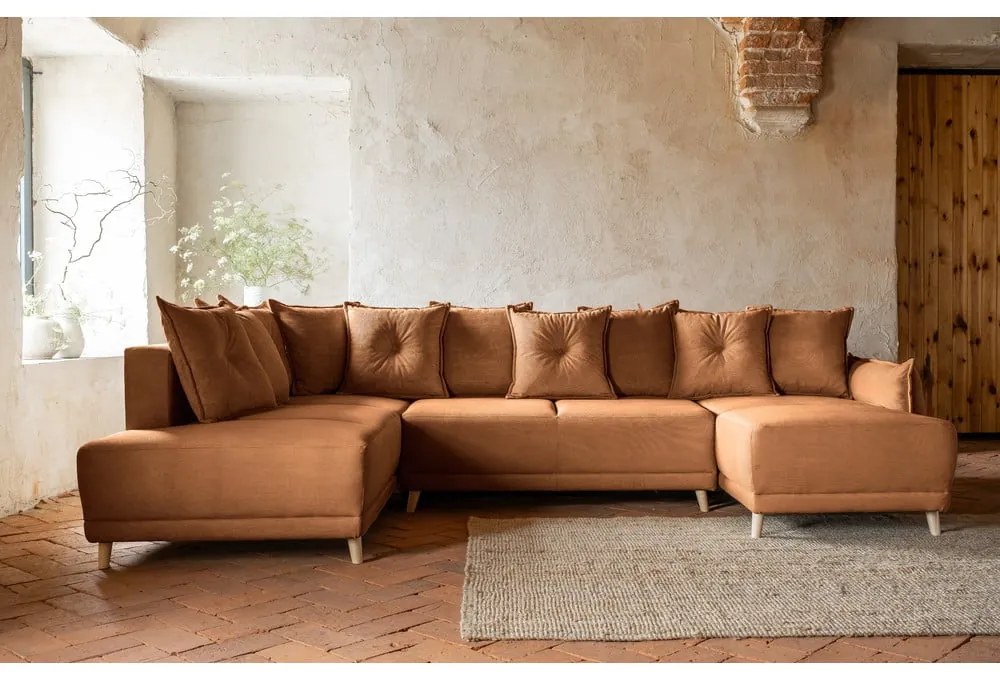 Menčestrová rozkladacia rohová pohovka v tehlovej farbe (ľavý roh/do "U") Lazy Lukka – Miuform