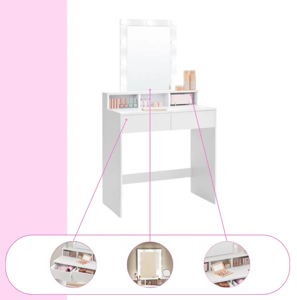 Toaletný stolík VANESA s osvetlením, 80x40x145cm, biela Jurhan