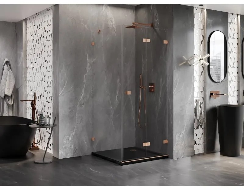 Mexen Lunar-F, 1-krídlový sprchový kút so skladacími dverami, pravý, 100 x 100 cm, 8mm číre sklo, medený profil, 836-100-100-65-00-P