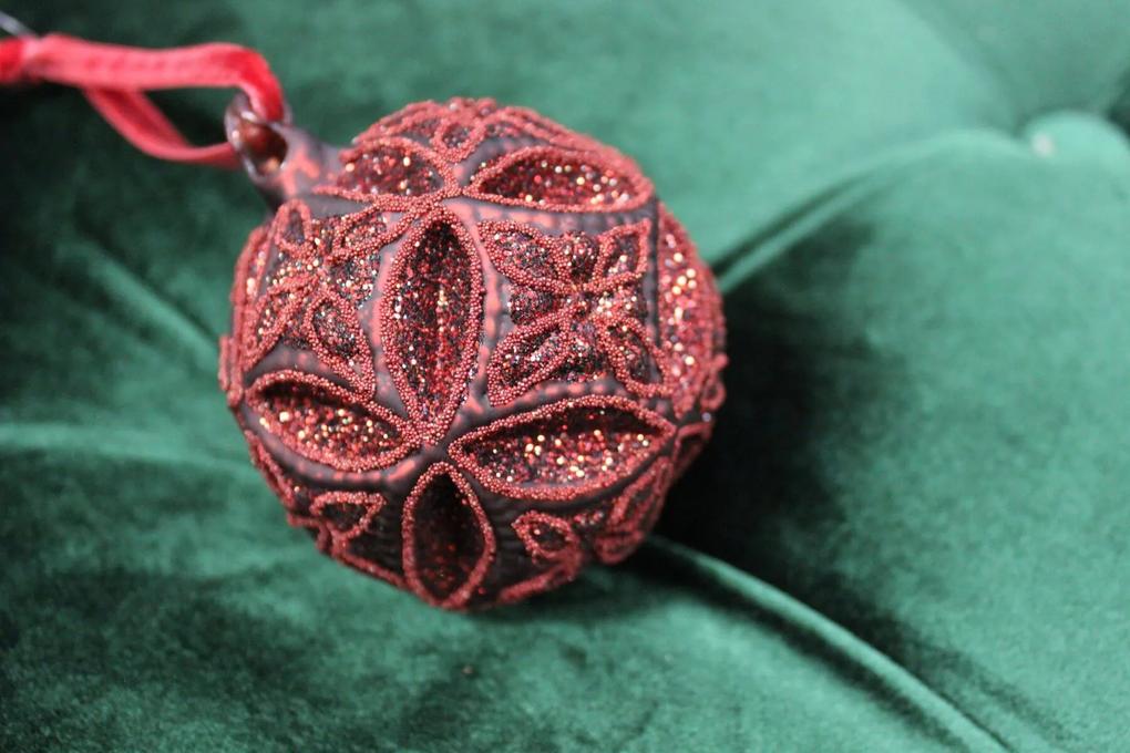 Červené vzorované vianočné gule s glitrom 8cm 4 ks