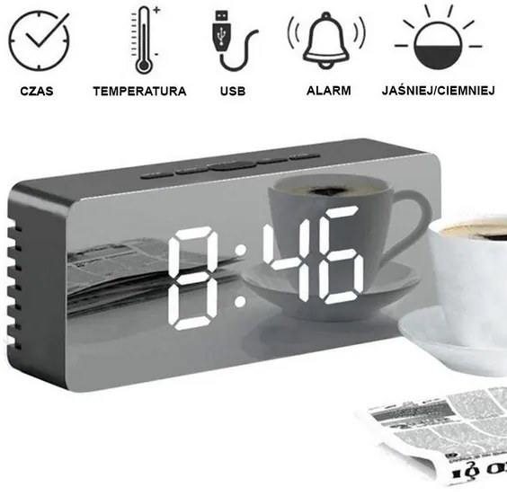 Verk 01457 Zrkadlové LCD hodiny 4v1 čierne