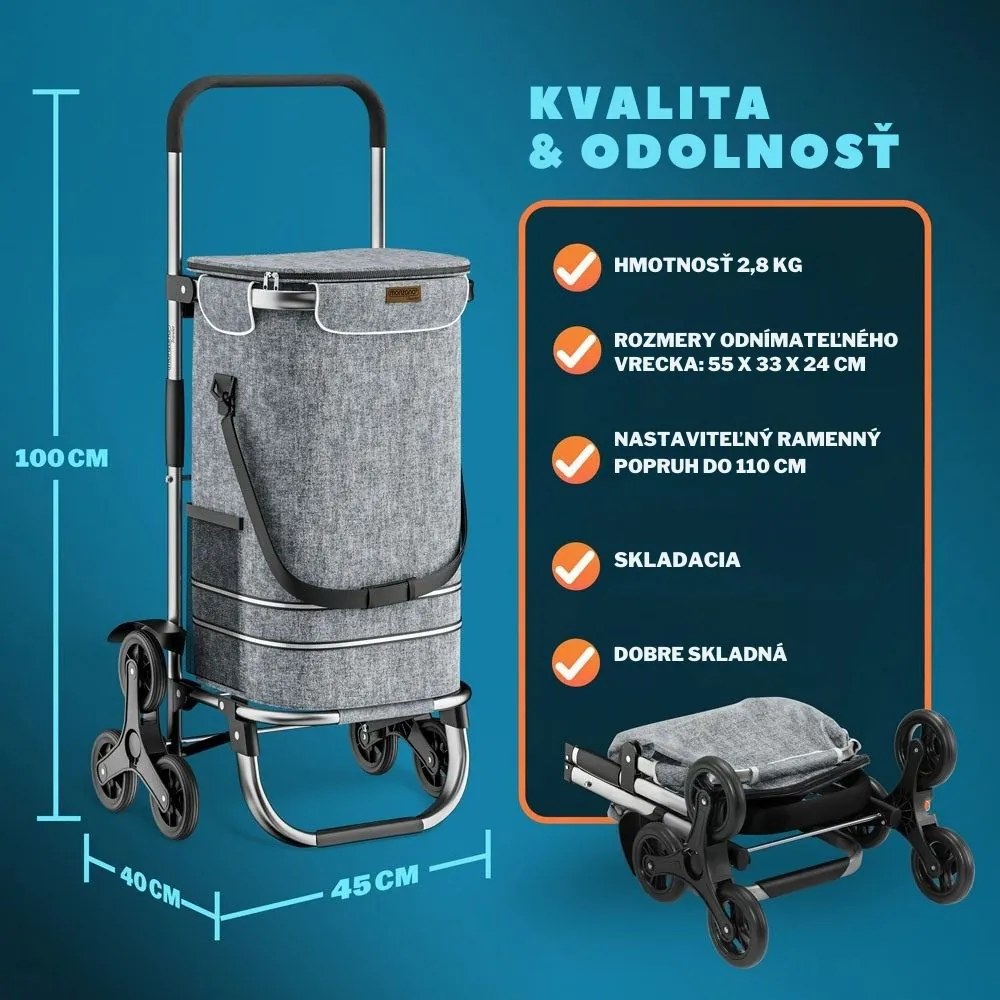 Nákupná taška na kolieskach do schodov COMFORT,50l, šedá Jurhan