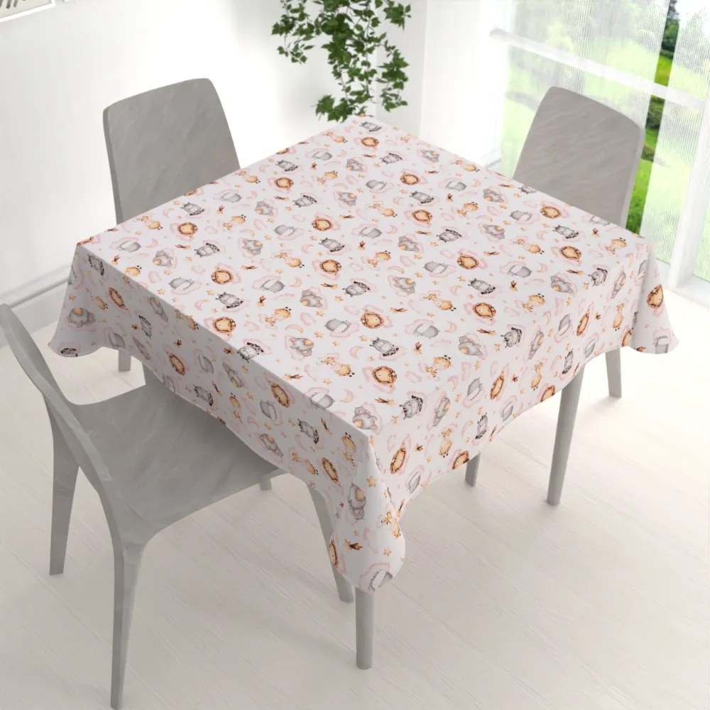 Biante Detský bavlnený štvorcový obrus Sandra SA-658 Africké zvieratká na ružových obláčikoch na bielom 90x90 cm