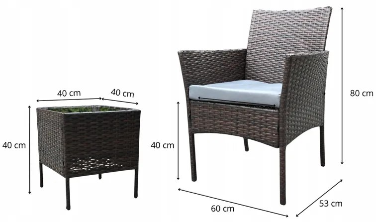 Ratanová súprava so stolíkom a 2 kreslami - hnedá + antracitové vankúše