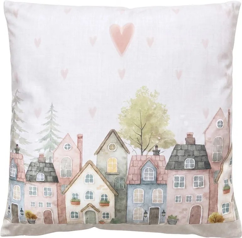 Béžový vankúš so srdiečkami a domčekmi Hearts & Houses - 45*45*4 cm