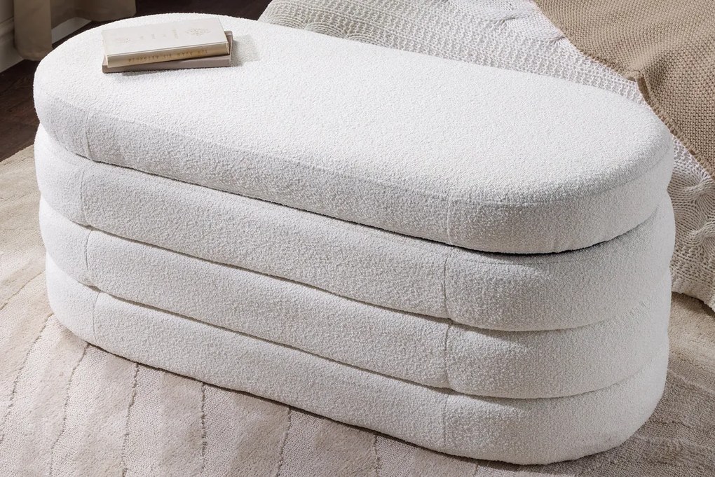 Dizajnová lavica s úložným priestorom CREAMY BOUCLÉ 115 cm – elegantný odkladací box