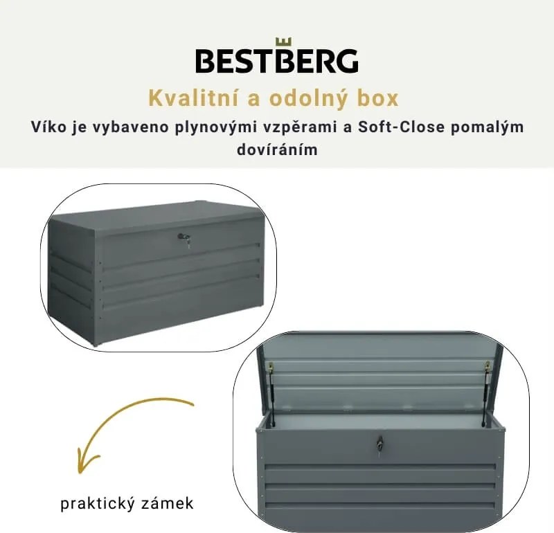 Kovový záhradný úložný box BestBerg ZBK-400A / 400 l / 132 x 62 x 62 cm / šedá