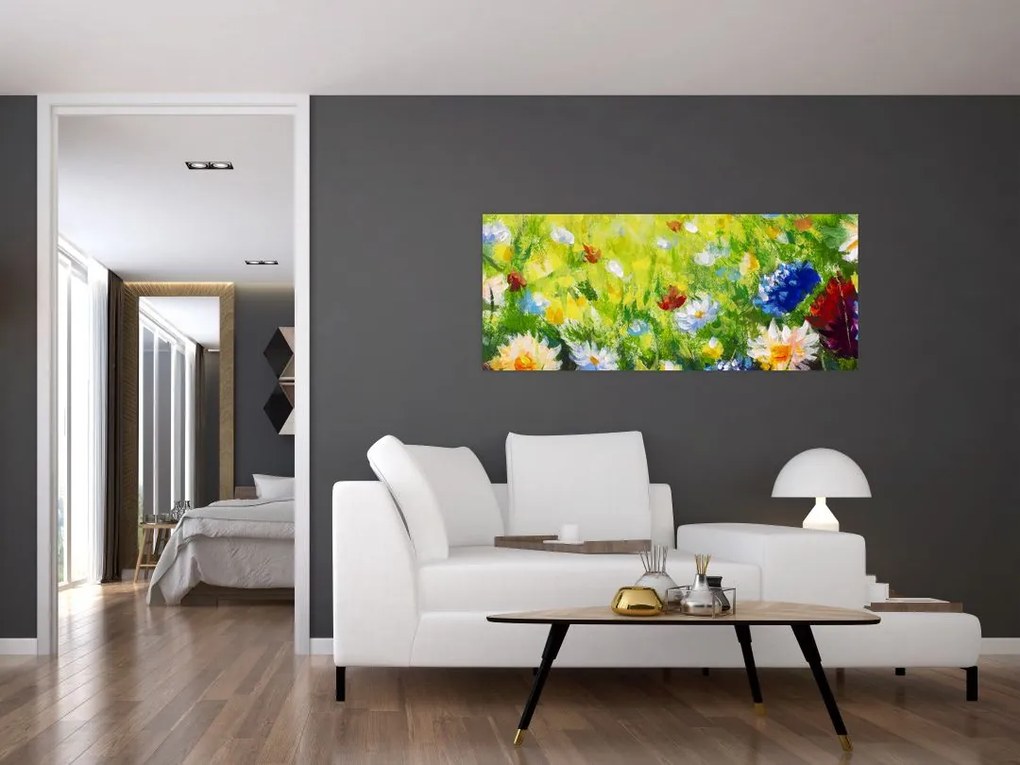 Obraz rozkvitnutej lúky, olejomaľba (120x50 cm)