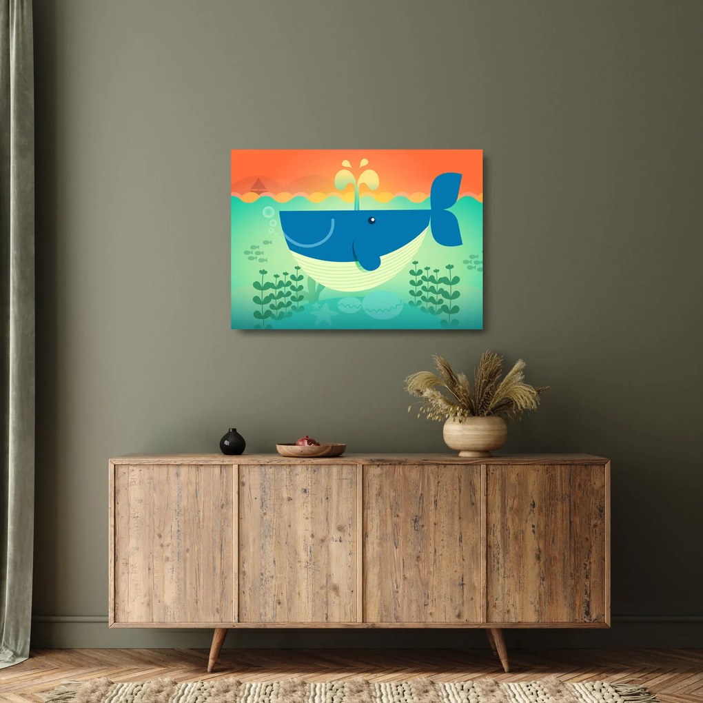 Sklenený obraz - Veselá veľryba v mori (70x50 cm)
