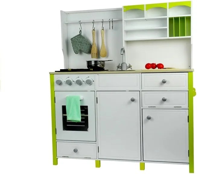 LEAN Toys Detská drevená kuchyňa Zelená a biela Paula Otváracie prvky