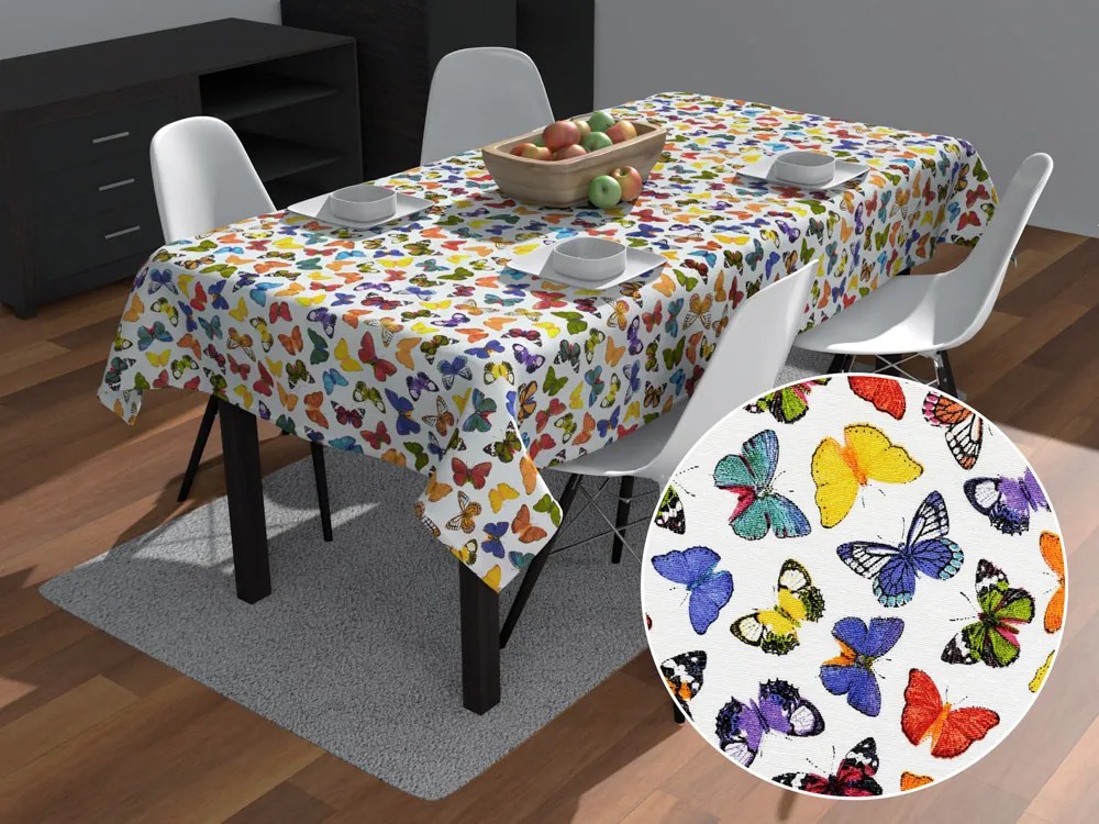 Biante Dekoračný obdĺžnikový obrus Leona LN-062 Farebné motýliky na bielom 120x140 cm