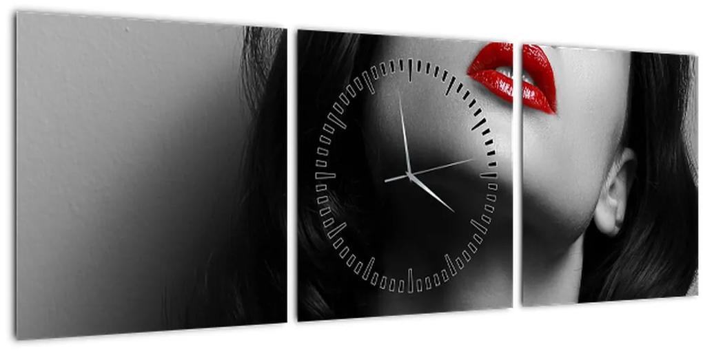 Obraz - Portrét ženy s červeným rúžom (s hodinami) (90x30 cm)