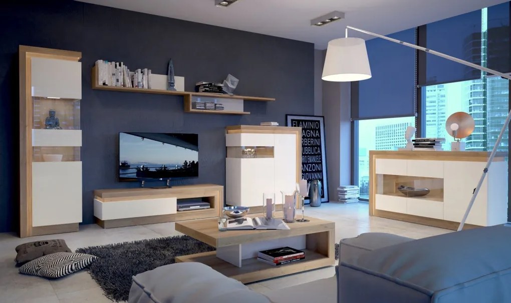 TV skrinka Lyon, dub riviera/biely lesk, s osvetlením