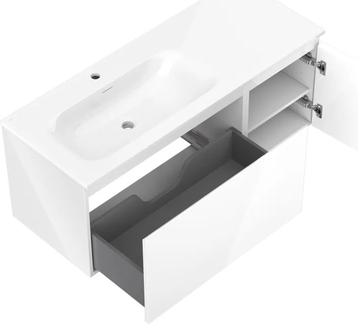 Mexen Orio, kúpeľňová skrinka 120 cm s umývadlom Vela vľavo, 1S, 1D, biela lesklá, 91A13-12047-3-BBFF00-W23L00