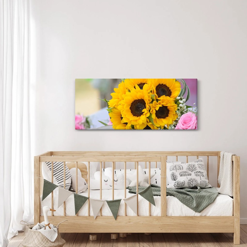 Obraz svadobnej kytice zo slnečníc (120x50 cm)